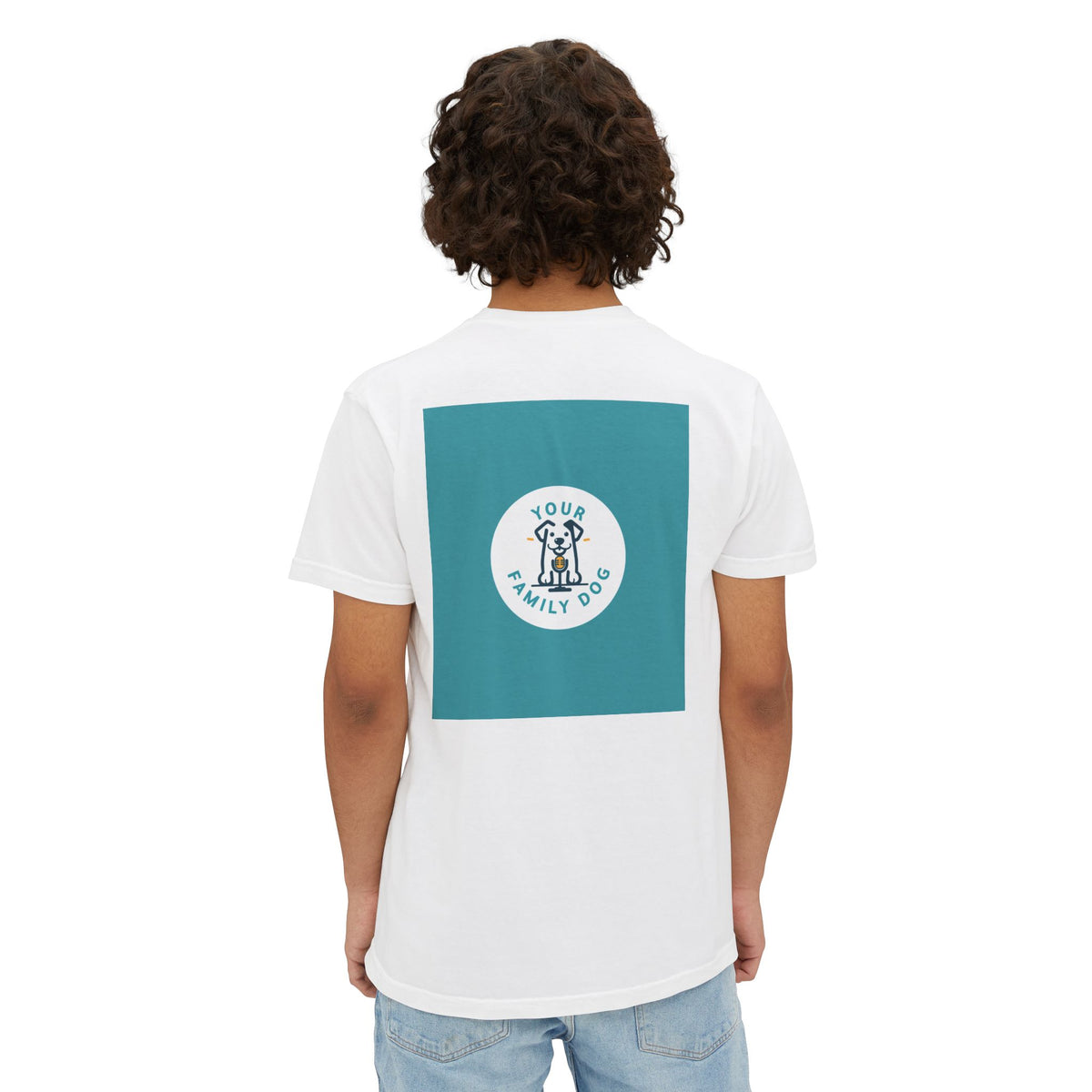 Pocket T-Shirt — 'Your Family Dog' Minimal Teal Logo Tee